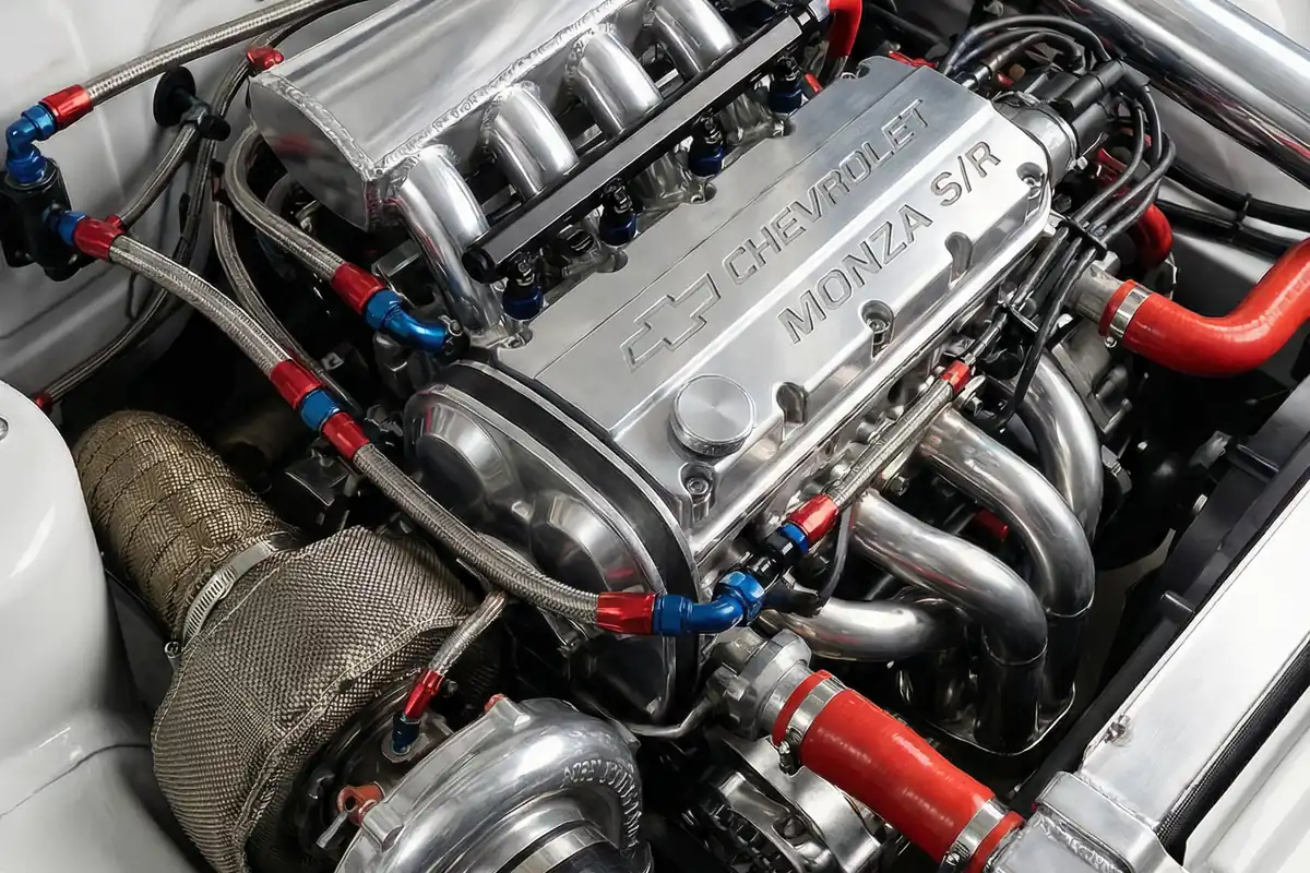 Compartimento do motor do Monza SR Concept. Motor turbo polido 