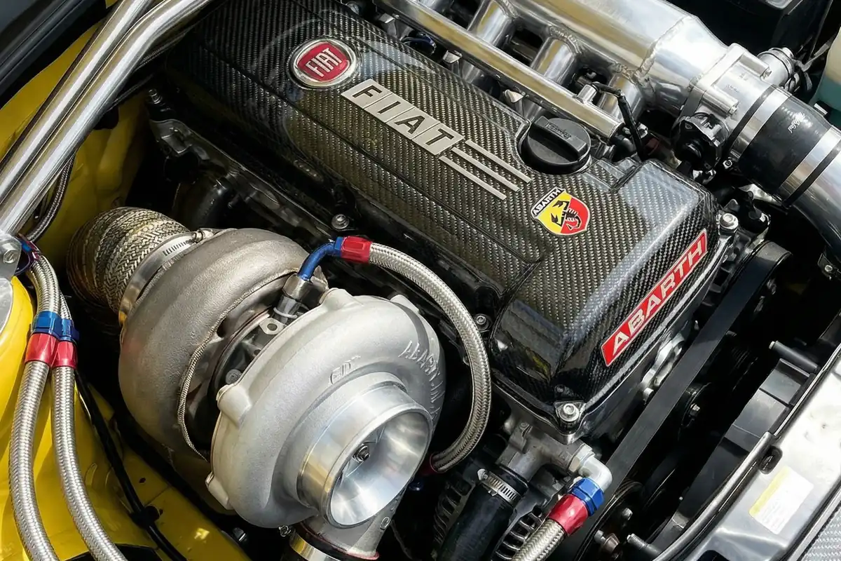 Motor turbo modificado com tampa de fibra de carbono e emblemas Fiat Abarth, detalhe do turbocharger.