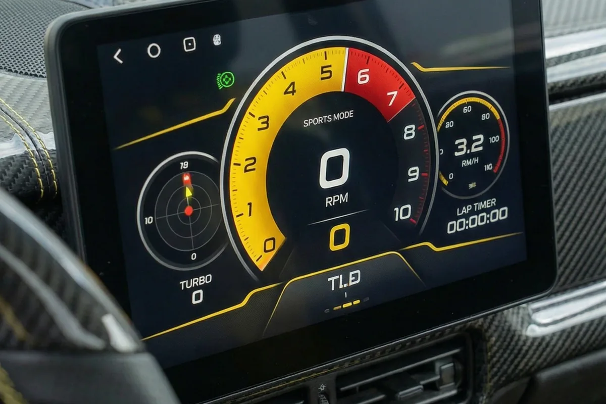 Tela multimídia central com painel digital no modo esportivo, mostrando RPM, turbo e tempo de volta.