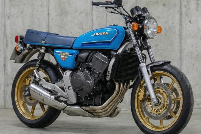Honda-CG-com-motor-de-Hornet-600-01 Motocicleta Honda CG customizada azul com motor de Hornet 600cc, rodas douradas e design retrô em garagem.