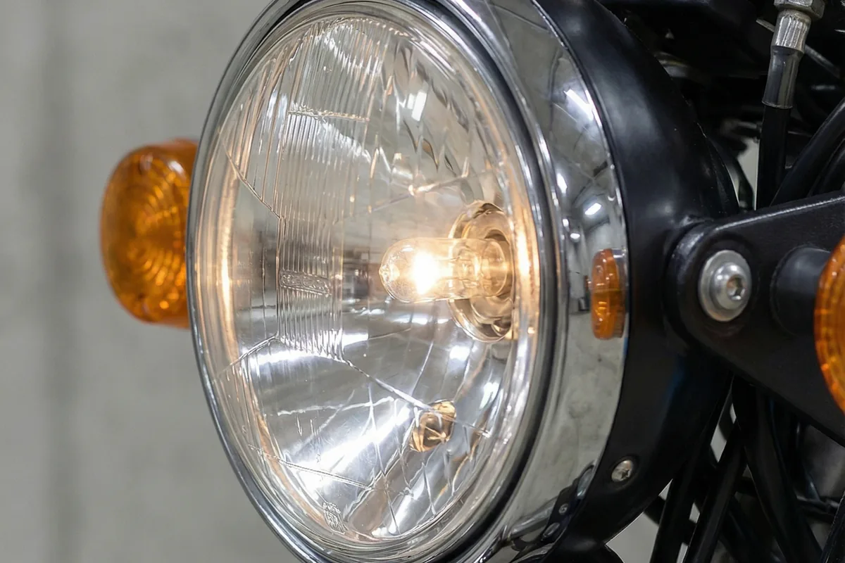 Close-up do farol dianteiro redondo cromado da Honda CG customizada, com lâmpada acesa.