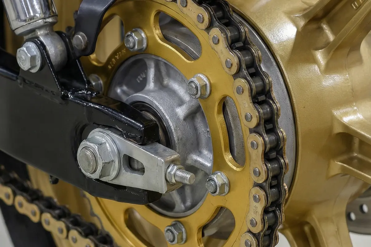 Detalhe da corrente e coroa douradas da transmissão traseira da motocicleta, com roda dourada.