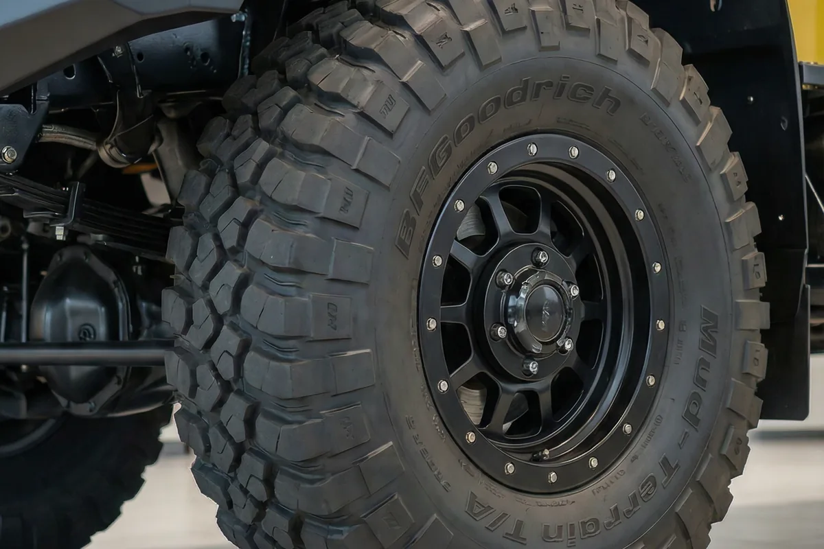 Detalhe do pneu BFGoodrich Mud-Terrain T/A e roda preta off-road do Mercedes Benz 1113 Juggernaut.