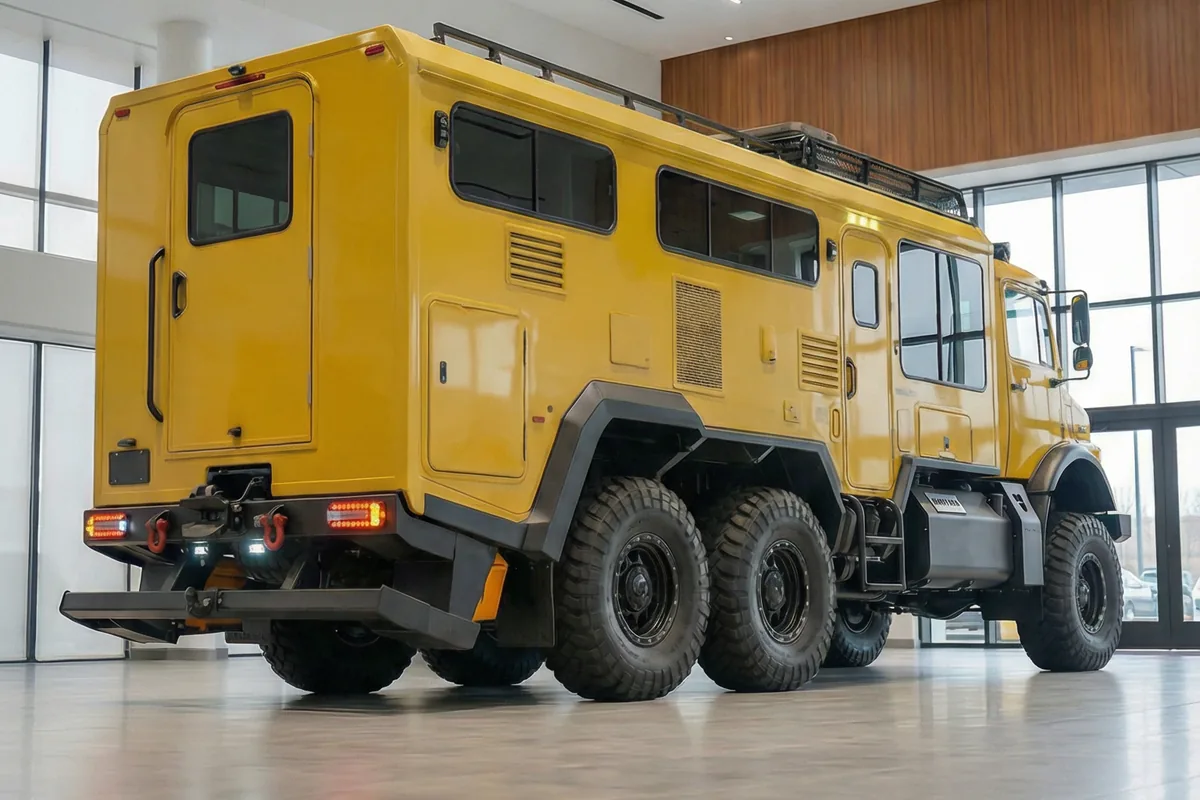 Caminhão aventureiro Mercedes Benz 1113 Juggernaut 6x6 amarelo, vista traseira lateral.
