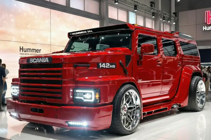 Caminhão-SUV Scania 142HS Hummer H4 vermelho vibrante em exposição, com rodas cromadas e faróis LED.