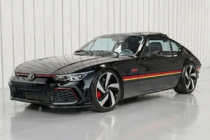 Volkswagen SP2 GTI Concept 2026 preto, visão frontal-esquerda, em estúdio com listras laterais nas cores GTI.