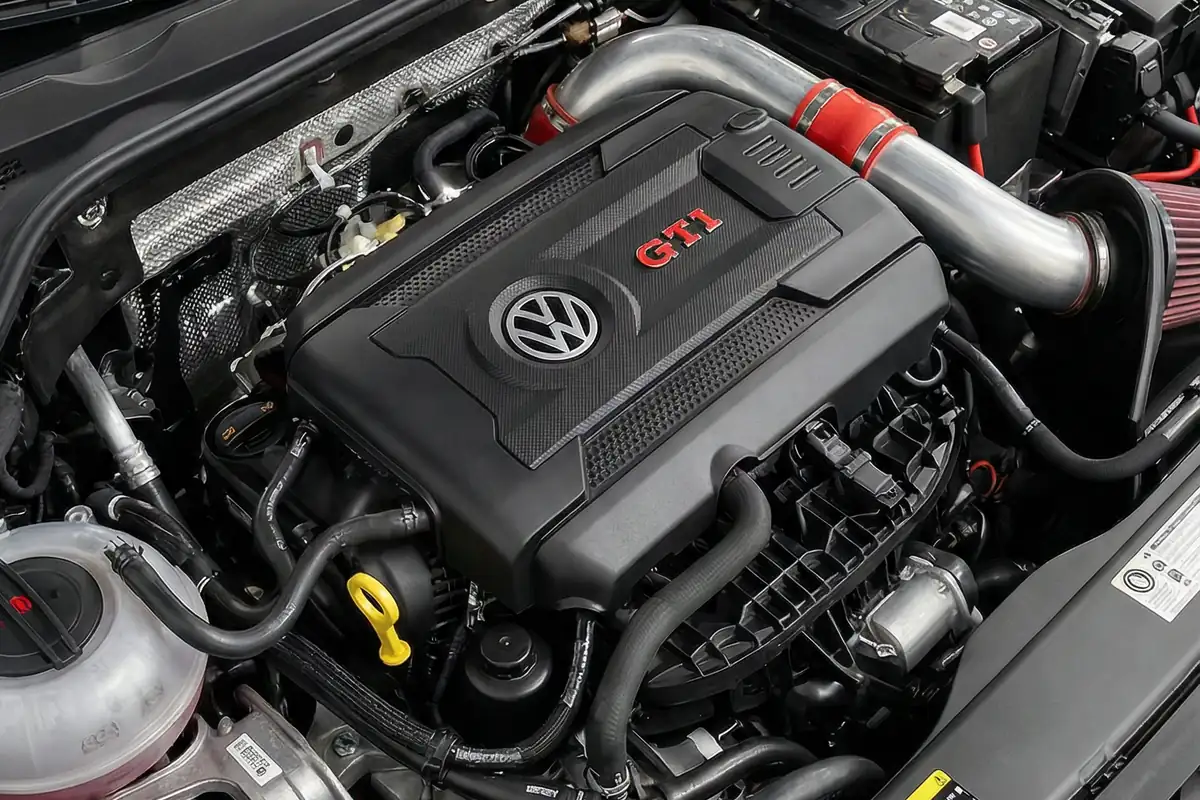 Vista detalhada do motor com capa preta, logo 