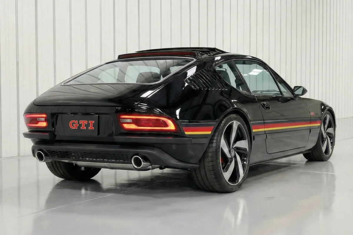 Volkswagen SP2 GTI Concept 2026 preto, visão traseira-direita, em estúdio, com lanternas LED e escapamento duplo.