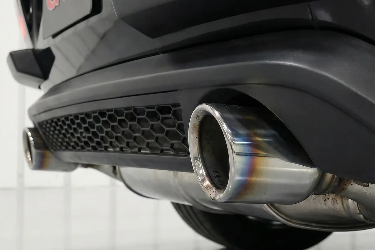 Close-up do escapamento duplo cromado com detalhes em colmeia na parte traseira do Volkswagen SP2 GTI Concept.