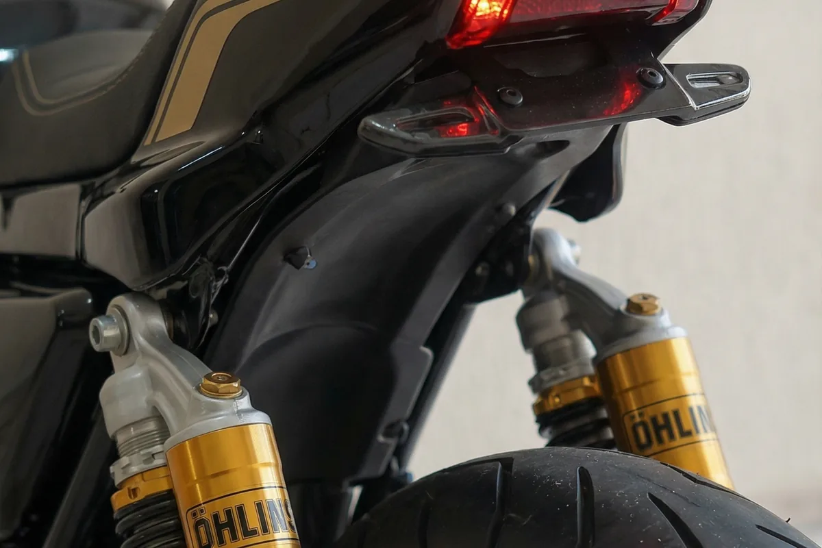 Close-up dos amortecedores traseiros Öhlins dourados e lanterna LED minimalista da Yamaha RX 180 Concept.
