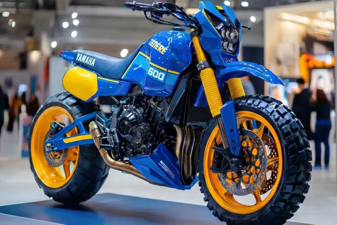 Motocicleta conceito Yamaha Tenere 600 2026 azul e amarela, visão de 3/4 frontal. Pneus off-road e rodas douradas.